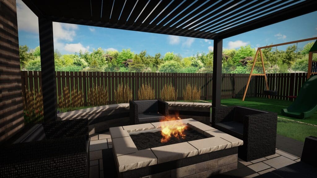 All black modern louvred pergola over a fire pit