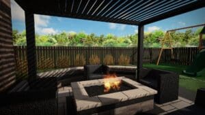 3D Rendering of Modern Louvred Pergola All black modern louvred pergola over a fire pit
