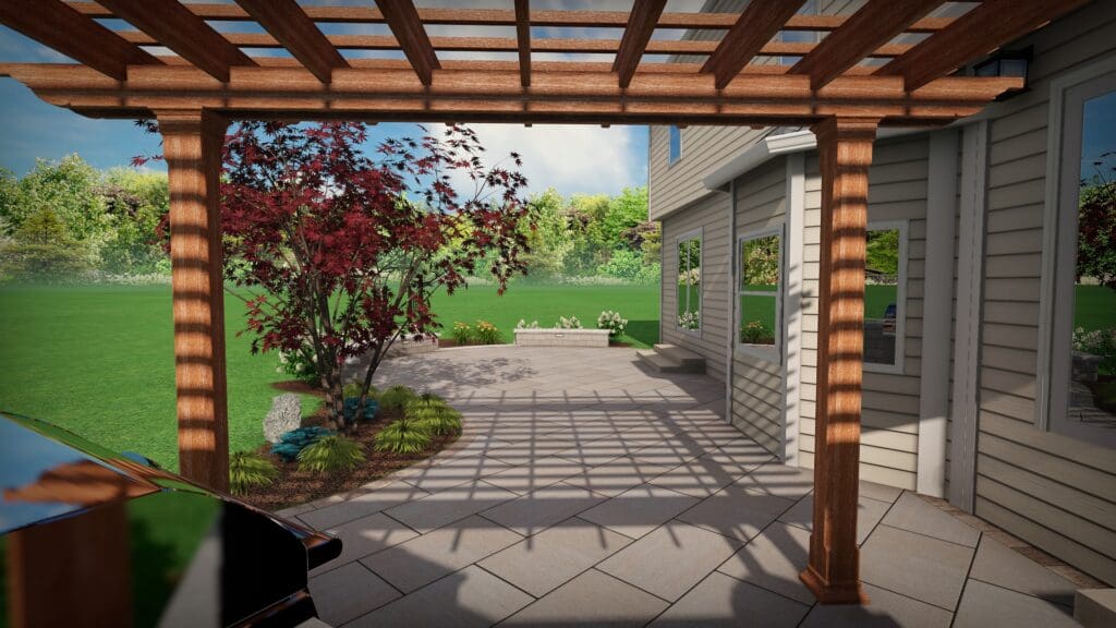 Classic wood pergola on a patio over a outdoor grill